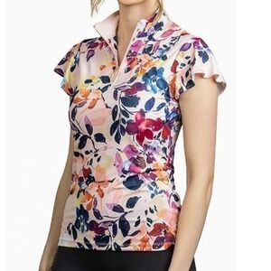 Kastel Denmark Womens Pink Watercolor Floral Quarter Zip Short Sleeve Shirt Sz M